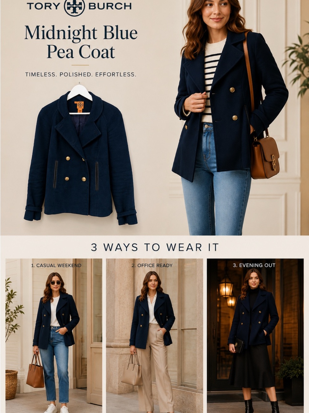 Tory Burch Navy Double-Breasted Pea Coat with Gold Buttons